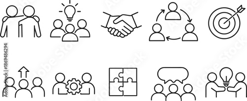 Teamwork and leadership icons set. Collaboration, partnership, business growth and people management outline symbols