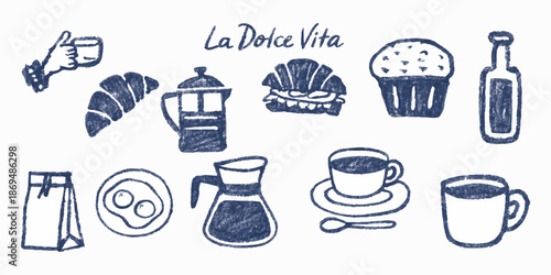 La Dolce Vita Coffee and Bakery Hand Drawn Icons Illustration