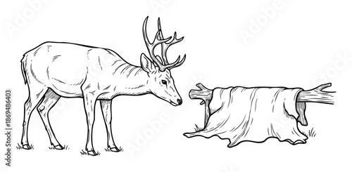 Majestic deer observing a stretched animal hide draped over logs, symbolizing natures resources and traditional craftsmanship, perfect for educational content or rustic branding materials.