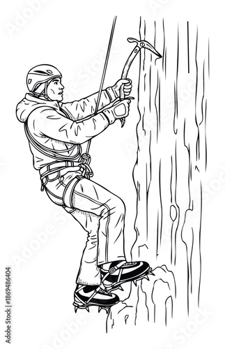 A determined male mountaineer with a helmet, harness, ice axe, and crampons scales a challenging icy wall, excellent for sports, adventure, and outdoor activity promotions or educational