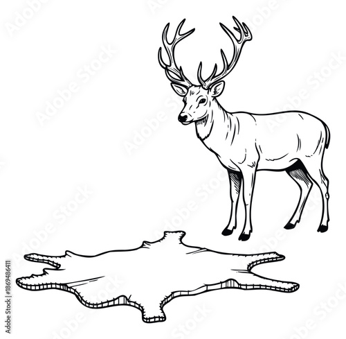 Hand drawn male deer with majestic antlers standing near a rustic animal hide, ideal for outdoor adventure branding or wilderness themed merchandise