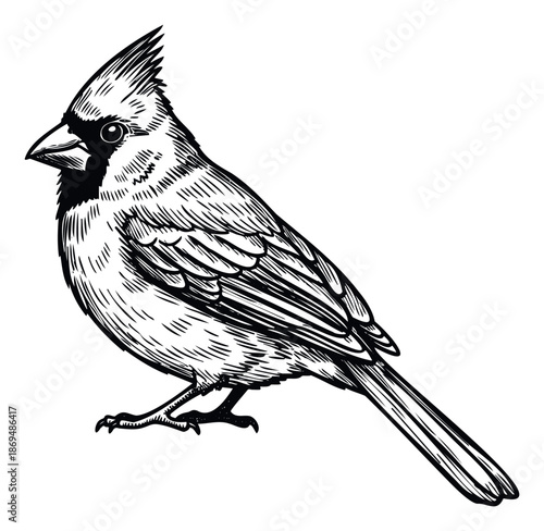 A detailed black and white engraving style illustration of a cardinal bird standing in profile, ideal for use in educational textbooks, wildlife conservation campaigns, or elegant print and