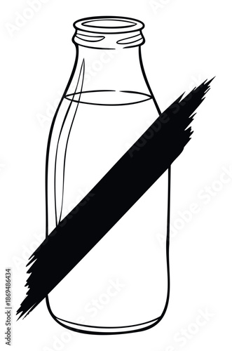 This graphic representation of a classic glass milk bottle with a bold black brush stroke crossing it out is ideal for illustrating dairyfree concepts, allergy warnings, or dietary
