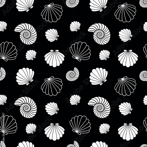 High-contrast black and white seamless pattern featuring seashells and nautilus spirals. Bold marine graphic suitable for modern textiles, wallpapers, and monochrome branding.