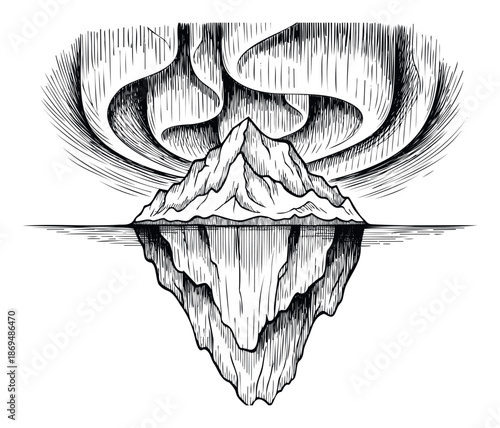 Dramatic black and white engraving of a majestic iceberg floating in icy waters with the stunning aurora borealis shimmering above, perfect for naturethemed graphic projects and adventure