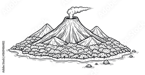 Detailed black and white sketch depicting a tropical volcanic island with an active summit, surrounding mountains, dense foliage, and coastal waters, ideal for nature publications and