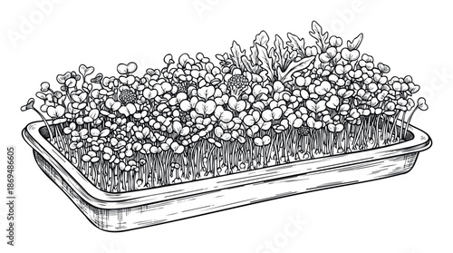 Hand drawn black and white line drawing of fresh microgreens growing in a rectangular tray, perfect for healthy food blogs, restaurant menus, or home gardening concepts.