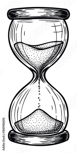 Black and white hand drawn hourglass showing sand falling to measure the passage of time perfect for metaphors of deadlines countdowns and time management concepts
