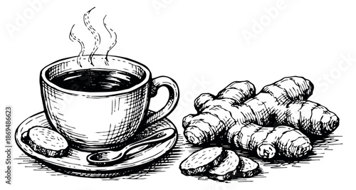 Hand drawn line art illustration set featuring ginger roots and a cup of steaming tea for herbal remedies