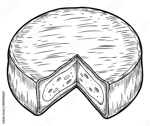 Delicious round cheese with a triangular slice removed revealing its soft creamy texture and small internal holes, ideal for culinary publications, food product packaging, or market