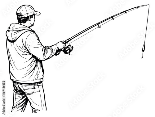 Hand drawn line art illustration of a man with fishing rod depicting fishing for outdoor sport