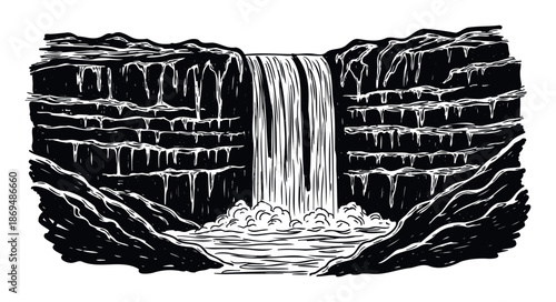 Monochromatic woodcut style drawing of a powerful waterfall cascading over rugged rock formations into a serene pool, perfect for nature themed publications, outdoor adventure projects, or