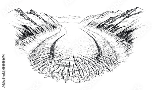 Majestic glacier flowing through a rugged mountain valley with deep crevasses, ideal for educational content, naturethemed presentations, or geological studies.