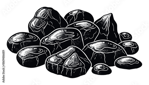 A collection of textured black shapes resembling stylized river stones or organic minerals arranged in an abstract composition suitable for modern graphic projects and printable decor