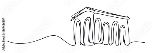 Minimalist continuous line drawing of a stylized classical building featuring a pitched roof and multiple prominent arches, excellent for modern graphic design, architectural themes, or