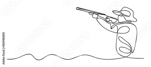 Dynamic continuous line drawing of a hunter aiming a rifle, capturing the essence of sport shooting and outdoor activity, ideal for modern graphic design and branding projects.