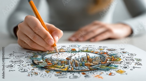 A person sketching a colorful city plan, held by hands with a pencil, detail drawing