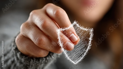 Person holding a glowing, ethereal shield. A concept of protection and security