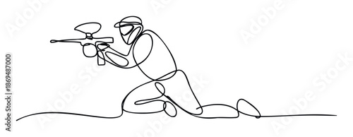 Continuous line drawing depicting an active paintball player crouching and holding a marker, perfect for extreme sport advertisements, athletic wear graphics, or event banners.