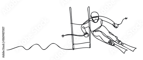 Dynamic single line drawing capturing a professional skier navigating a slalom course with incredible speed and agility, excellent for sports branding and winter sports themed promotions.