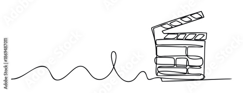 A continuous single black line drawing depicting a movie clapperboard with a fluid wavy line symbolizing storytelling and film production suitable for media industry branding or creative