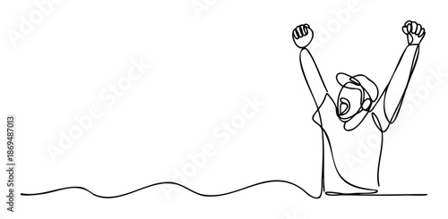 Minimalist continuous line drawing depicting a person celebrating with raised arms, symbolizing victory and success, suitable for motivational content and positive branding.
