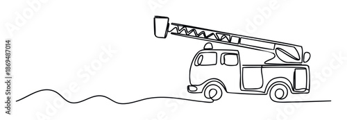 Continuous line drawing of a fire truck with an extended ladder, representing emergency services and safety, suitable for childrens learning activities and basic graphic presentations.