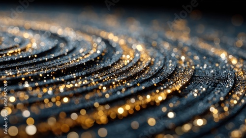 Abstract 3D illustration showing concentric dark textured rings with golden particles