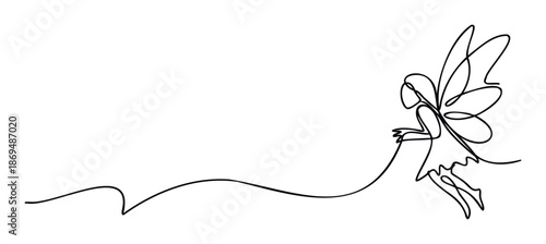 Simple continuous line drawing of a fairy with delicate wings flying and holding a flowing line, suitable for minimalist greeting cards, magical book covers, or whimsical branding.