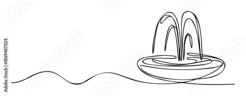 A continuous line drawing depicting a minimalist water fountain with elegant flowing streams and a wavy base, perfect for modern graphic compositions or serene branding.