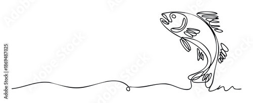 A stylized continuous line drawing of a vibrant fish leaping above a water line, conveying natural movement and freedom, perfect for modern brand identities and marine promotional materials.