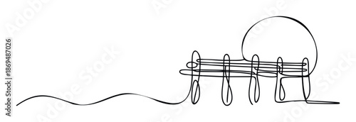 Minimalist continuous line drawing depicting an abstract park bench with a simple rounded form, ideal for modern conceptual presentations and interior graphic applications.