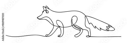 Elegant single line drawing of a walking fox presenting a minimalist graphic element for branding, packaging, web backgrounds, or educational content