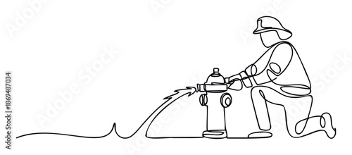 A dedicated firefighter in protective equipment skillfully operates a fire hydrant, preparing to connect a hose and extinguish a fire, suitable for public safety messaging and emergency