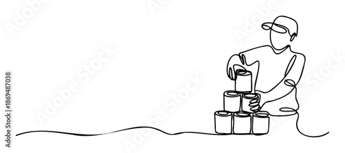 Continuous line drawing of a person in a cap stacking canned goods, ideal for illustrating themes of food donation, charity, and community support initiatives