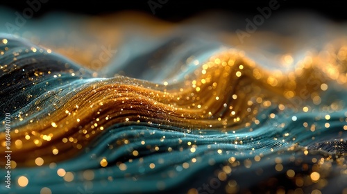 Abstract flowing teal and gold waves with glittering particles, creating a dynamic and ethereal effect