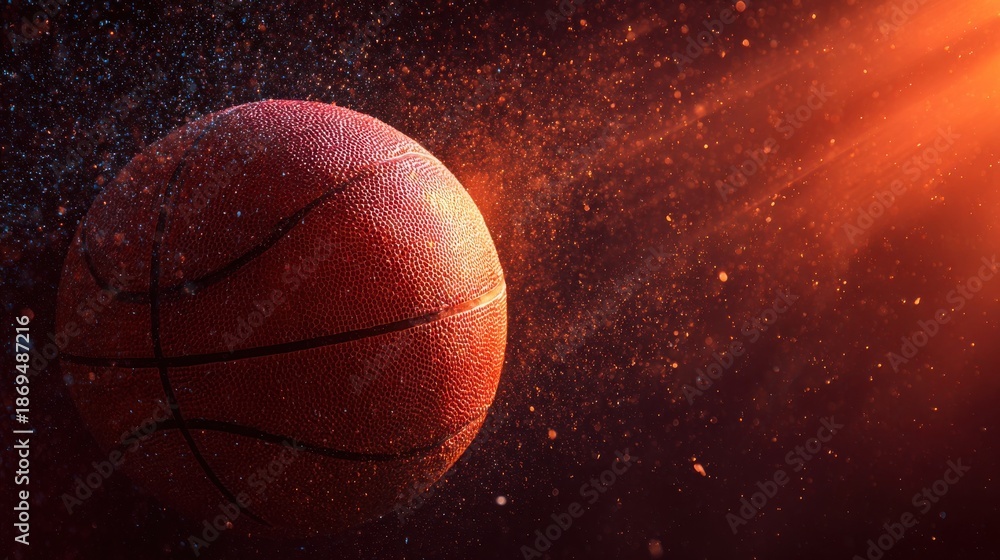 Fototapeta premium Close-up of a textured basketball with glowing orange light and particles