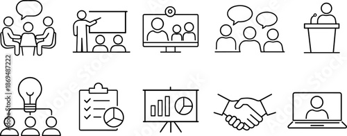Teamwork and leadership icons set. Collaboration, partnership, business growth and people management outline symbols