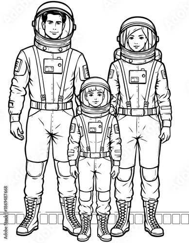 Black and white line art illustration, clear line style, European comic art, a family  od astronauts