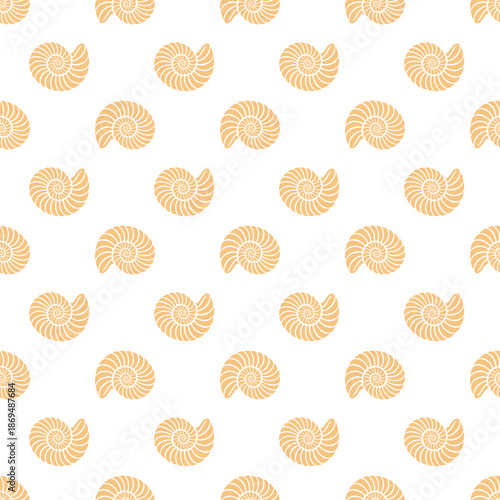 Clean seamless pattern of nautilus shells in warm tones on white background. Repeating marine design perfect for fabrics, wallpapers, and summer packaging.