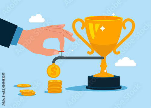 Hand with trophy and opening water tap. Dollar coins out of the tap. Business idea to make money or profit. Get award for winning business success. Ambition, motivation and inspiration. Vector