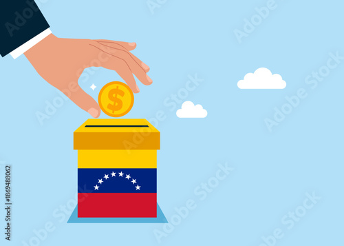 Financing Venezuela. Hand putting coin a piggy bank money savings Venezuela flags. Oil Industry, Energy Resources, Geopolitical Conflict and Economic Sanctions. Modern vector illustration in flat styl