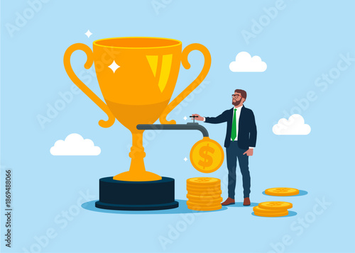 Businessman with trophy and opening water tap. Dollar coins out of the tap. Business idea to make money or profit. Get award for winning business success. Ambition, motivation and inspiration. Vector