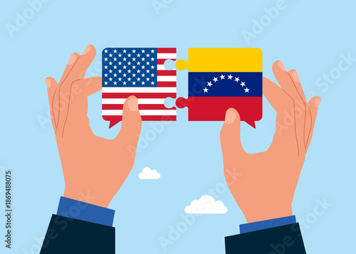 Bilateral political relations. Oil industry, energy resources, economic. Hands connect Venezuela and USA flags. Flat vector illustration.