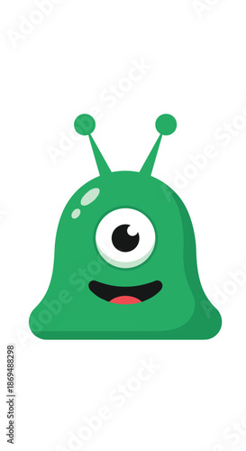 Friendly one-eyed green monster with a wide smile and two small antennae is presented in a cute cartoon illustration.