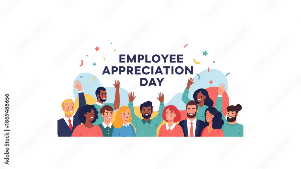 Fototapeta premium employee appreciation day banner with diverse happy group of workers