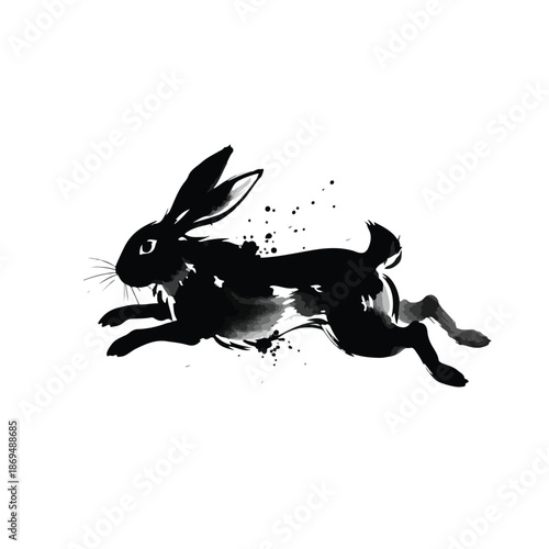 A black and white vector illustration of a rabbit in motion