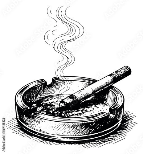 Hand drawn line art illustration of a cigarette in an ashtray depicting rising smoke and ash for smoking related designs