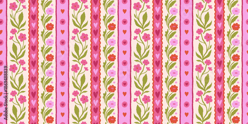 Vector seamless pattern, abstract hand-drawn quirky doodles,  love theme wallpaper, Valentine's day decorative wrapping paper and textile background with hearts and flowers
