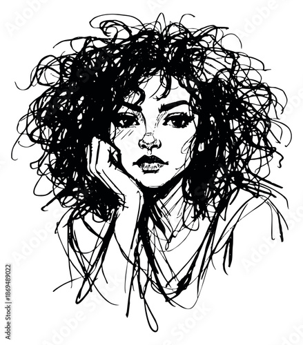 Hand drawn line art illustration of a woman depicting a thoughtful expression with curly hair for beauty and lifestyle concepts